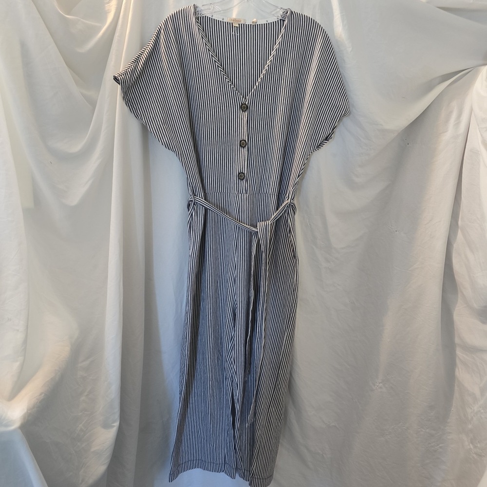 Barbour Pinstripe Wide-leg Jumpsuit W/waist Tie Front Button Boho-chic Sz 10